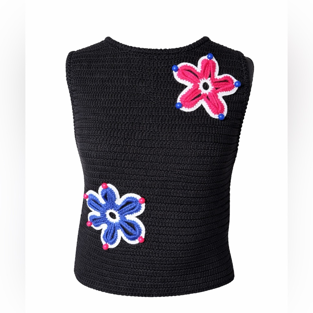 Industry Black‎ Floral beaded Knit Top Applique Y2K Sleeveless Textured- Large